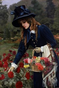 La chica de las flores. Una joven recoge flores en un jardín y las pone en una cesta. Lleva un gran sombrero, un vestido de terciopelo azul y guantes. Lleva el pelo recogido en rizos ingleses. Lleva la camisa doblada sobre el brazo. Pintura
