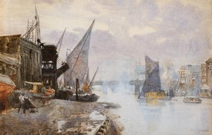 Navegación por el Támesis en Bankside, hacia 1884 (acuarela) de Herbert Menzies Marshall