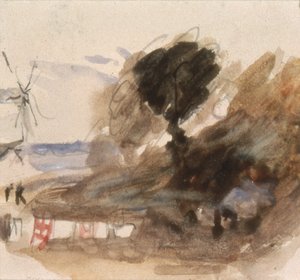 Paisaje con cabaña y molino de viento