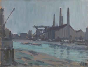 Paisaje con edificios industriales junto a un río
