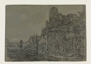 Paisaje con acantilado escarpado, versión pequeña Paisaje con un acantilado escarpado y un arroyo: versión pequeña de Hercules Segers