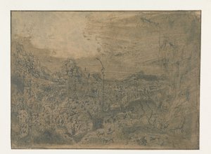 Paisaje rocoso con un hombre caminando a la derecha, primera versión Paisaje rocoso con un hombre caminando a la derecha: primera versión de Hercules Segers