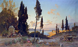 Vue du Bosphore a Constantinopla - Pintura de Hermann David Salomon Corrodi (1844-1905), orientalismo - Vistas al Bósforo, Constantinopla - Óleo sobre lienzo de Hermann David Salomon Corrodi (1844-1905) - 100x166,5 cm - Colección privada