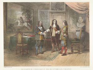 El príncipe Guillermo III reconcilia a Michiel de Ruyter y Cornelis Tromp, 1673 Willem III reconcilia a de Ruyter y Tromp (título sobre objeto) de Herman Frederik Carel ten Kate