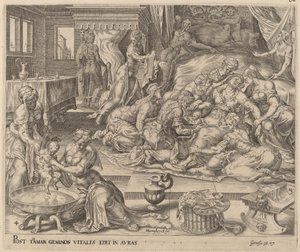 Nacimiento de Fares y Zara de Herman Jansz Muller after Maerten van Heemskerck