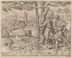 Hirah el adulamita con el cabrito de Herman Jansz Muller after Maerten van Heemskerck