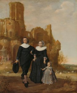 Retrato de una pareja con su hijo en un paisaje