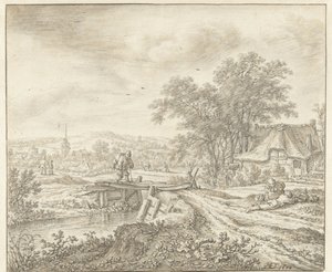 Paisaje de colinas con una granja cerca de un puente de Herman Saftleven