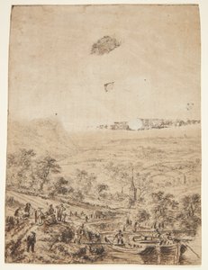 Paisaje panorámico con campesinos, pescadores y una iglesia de pueblo