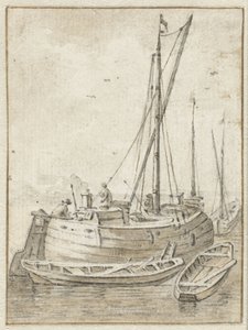 Barcaza con dos botes de remos de Herman Saftleven
