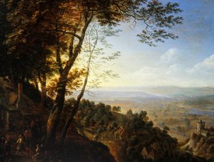 Un paisaje boscoso con campesinos junto a una cabaña de Herman the Younger Saftleven