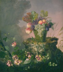 Cesta de flores con frutas junto a un tocón de árbol de Hermania Neergaard