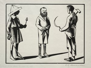 ¡Yo! Yo sostengo el sable y el hisopo; tú la hoz, el martillo y el pastel. Es la barba.