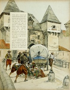 Sorpresa en Amiens. Los españoles usaron un truco para tomar la ciudad de Amiens, 11 de marzo de 1597, bloqueando la rastra con un carro. Ilustración, 1907, de Hermann Vogel