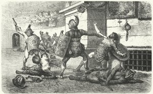 Gladiadores luchando en la arena en la Antigua Roma