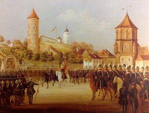 Hermann Volz Desfile de la milicia de Biberach en Riedlinger Tor en 1849 de Hermann Volz