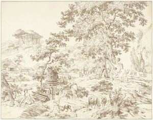 Paisaje arcádico con mujer jugando al fútbol de Hermanus Fock