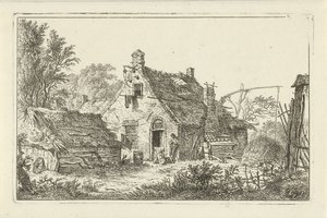 Granja con hombre de pie y mujer sentada