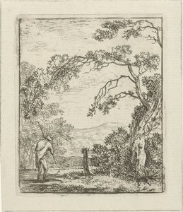 paisaje con hombre con mochila de Hermanus Fock