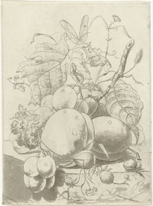 Frutas y una rama con una mariposa. de Hermanus Fock
