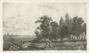 Hombre y mujer junto a un arroyo al borde del bosque. de Hermanus Jan Hendrik van Rijkelijkhuysen