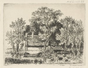 Vista al río con una barcaza y patos de Hermanus Jan Hendrik van Rijkelijkhuysen