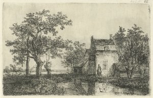 Mujer con una canasta frente a una casa de campo en el agua de Hermanus Jan Hendrik van Rijkelijkhuysen