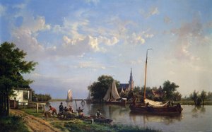 Barcazas en un canal en verano (óleo sobre lienzo) de Hermanus Koekkoek