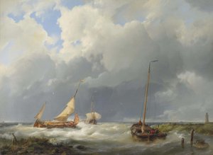 Escena costera con barcos pesqueros de Hermanus Koekkoek