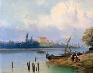 Gente junto a los barcos en Holanda, c. 1835-1882 de Hermanus Koekkoek