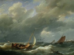 Barcos frente a un puerto holandés de Hermanus Koekkoek