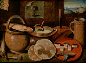 Holandés: Bodegón con cerámica, arenque y tortitas; a la derecha, vista de una pareja en un paisaje con horca y molino Bodegón con comida de pobre a base de gachas, queso, arenque y tortitas de Hieronymous Francken II