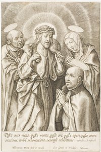 Ignacio de Loyola arrodillado ante Cristo, la Virgen y San Pedro