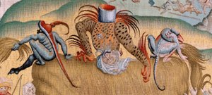 Tapiz flamenco. Serie Cuatro tapices según Hieronymus Bosch. Tribulaciones de la vida humana (Tribulaciones de la vida humana). Tercer tapiz de la serie. Modelo Inspirado en la obra de Hieronymus Bosch. Fabricación Taller desconocido, Bruselas. Antes de 15 de Hieronymus (after) Bosch