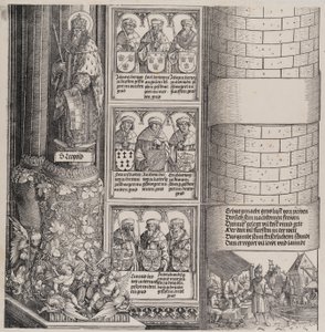 Maximiliano como Arquitecto, con una Estatua de San Leopoldo, y Bustos de los Ancestros de Maximiliano, 1517-1518 de Hieronymus Andreae