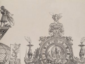 El pináculo del portal derecho, y un trompetista y estandarte del portal central, 1515 de Hieronymus Andreae