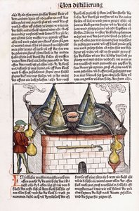 Ilustración de una destilería de finales del siglo XV para extraer los aceites esenciales de las plantas, 1500
