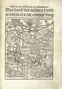 Página del título, ilustrando destilerías de hierbas con figuras en un paisaje