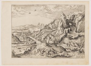 Abraham e Isaac camino del sacrificio, de Paisajes con escenas bíblicas y mitológicas de Hieronymus Cock