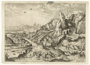 Abraham e Isaac camino al lugar del sacrificio Paisajes con escenas bíblicas y mitológicas (título de serie) de Hieronymus Cock