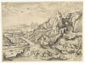 Abraham e Isaac camino al lugar del sacrificio Paisajes con escenas bíblicas y mitológicas (título de serie) de Hieronymus Cock