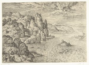 Paisaje costero con Hero y Leander Héroe y Leander Paisajes con escenas bíblicas y mitológicas (título de serie) de Hieronymus Cock