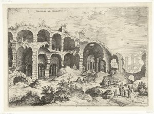 Tercera vista del Coliseo de Roma Colosos a prospecto vs (título sobre objeto) Ruinas romanas (título de la serie) de Hieronymus Cock