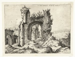 Primera vista de las Termas de Caracalla Ex Rvinis Thermarvm Antonii Pii (...) (título sobre el objeto) Ruinas romanas (título de la serie) de Hieronymus Cock