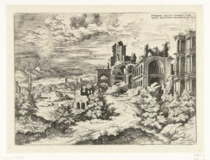 Vista de la Colina Palatina con salida del sol Rvinarvm palatii maioris (...) (título sobre objeto) Ruinas romanas (título de la serie)