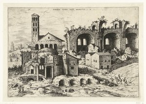 Vista del Templo de Rómulo y la Basílica de Constantino Rvinarvm Templi Pacis (...) (título sobre objeto) Ruinas romanas (título de la serie) de Hieronymus Cock