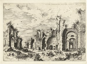 Vista de las Termas de Diocleciano Ex Rvinis Thermarvm Imp Diocletianvs (...) (título sobre el objeto) Ruinas romanas (título de la serie) de Hieronymus Cock