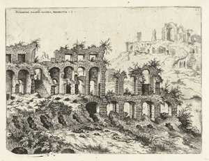 Vista del Coliseo y la Colina Palatina Rvinarvm palatii maioris, prospectvs 1 (título sobre el objeto) Ruinas romanas (título de la serie)