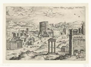 Gezicht en el Foro Romano La vista del Coliseo con ædibvs y varios vininis contiguos (título sobre objeto) Romeinse ruïnes (título de la serie) de Hieronymus Cock