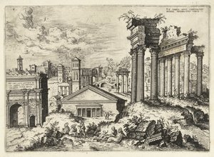 Vista del Foro Romano desde el Capitolio Ex variis, apvd capitolvm rvinis (...) (título sobre objeto) Ruinas romanas (título de la serie) de Hieronymus Cock